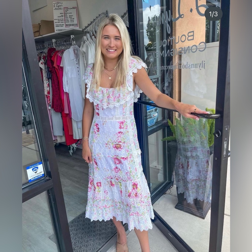 LoveShackFancy Faustine Floral Cotton Midi Dress in Pink - Sz 6